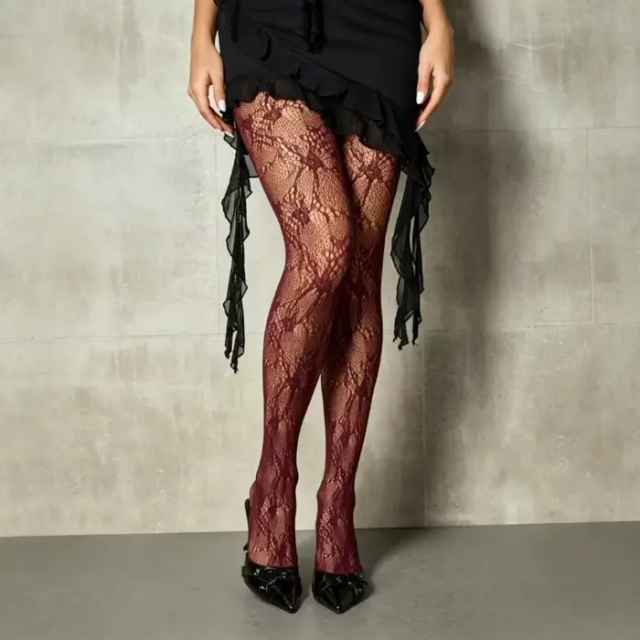 1 Paire de Collants Sexy Bordeaux Lolita en Dentelle Creuse et Résille