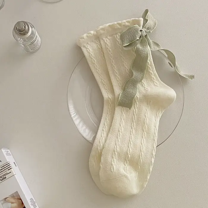 Chaussettes mi-mollet pour femmes, avec rubans et nœuds, respirantes, style Ballet INS, longues moll