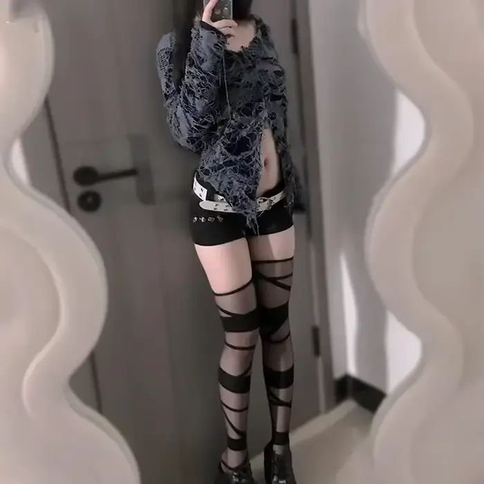 Bas résille creux punk pour femmes, toile d'araignée, sangle déchirée, collants à trous pour filles,