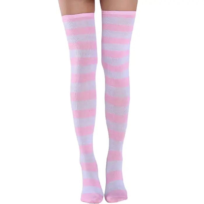 Chaussettes hautes de noël à rayures roses et blanches, jolies jambes Kawaii en coton doux au-dessus