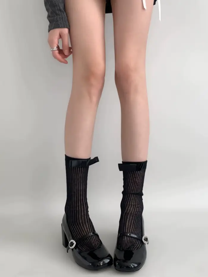 Chaussettes Femme Printemps-Été Ultra-fines à Nœud et Rayures Verticales, Respirantes et Douces, Ten