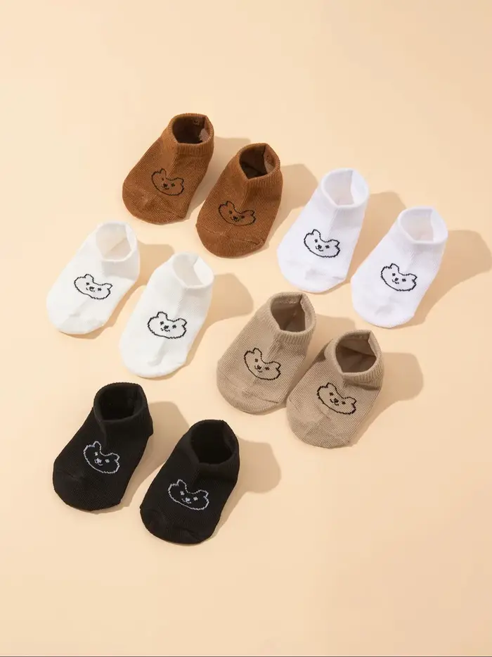 5 paires de chaussettes antidérapantes pour bébé, imprimé ours mignon, chaussettes respirantes pour 