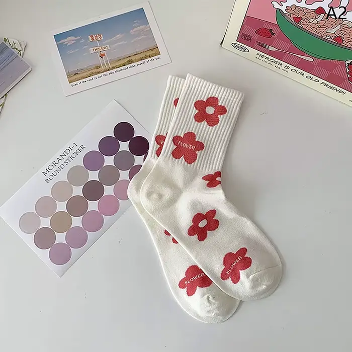Chaussettes décontractées en coton Harajuku pour femmes et filles, fleur rose, mode, mignon, doux, c