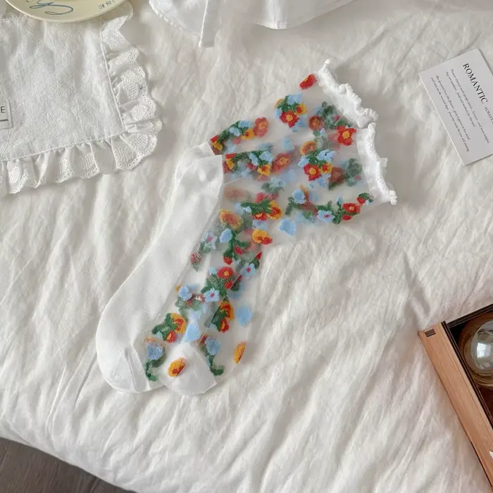 Fleur broderie motif mode chaussettes pour femmes été respirant à la mode chaussettes décontractées 