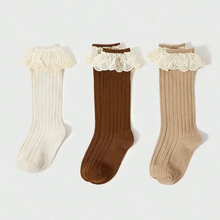 3 paires de chaussettes hautes pour bébés filles, chaussettes longues en dentelle en tissu pour peti