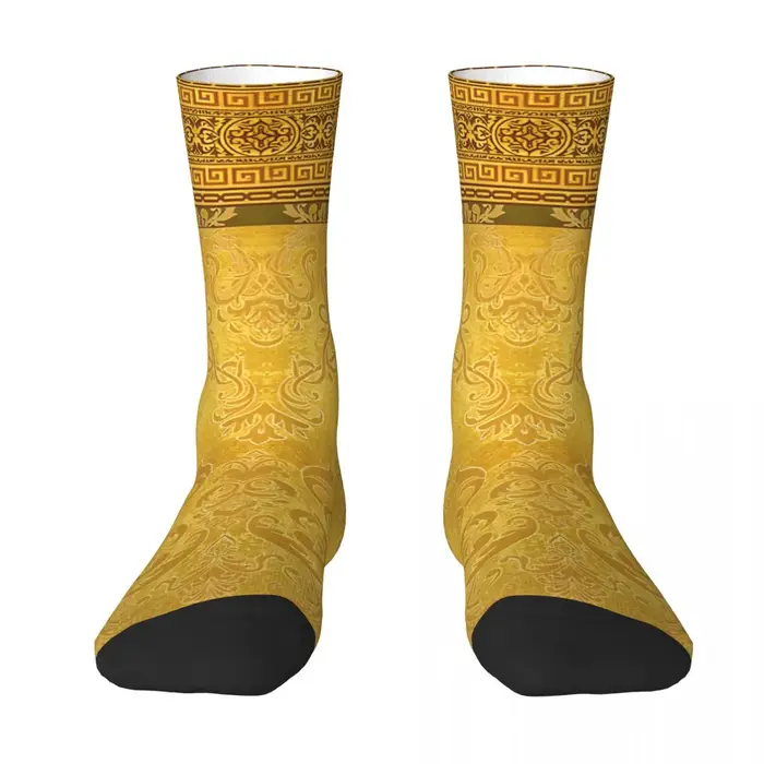 Chaussettes dorées baroques à fleurs ornées de touches grecques pour hommes et femmes