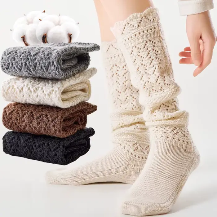 Chaussettes tricotées rétro en Relief pour femmes, chaussettes empilées au mollet ajouré, chaudes, mode hiver, bonneterie haute, bas longs Vintage