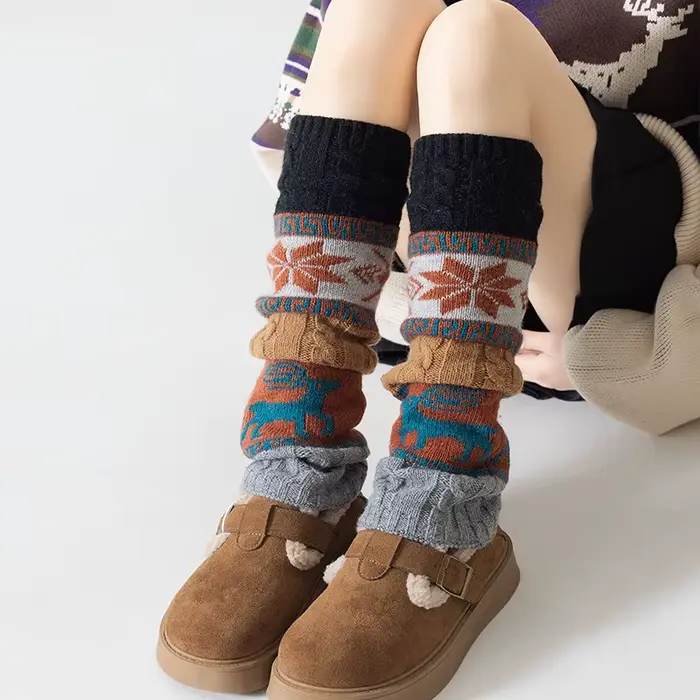 Chaussettes tricotées torsadées pour femmes, manchettes de bottes, cerf, flocon de neige, chauffe-ja