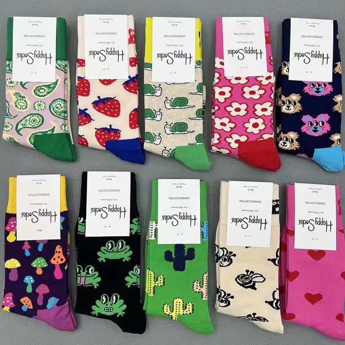 Chaussettes mi-tube pour femmes, marque de mode HS, vêtements quatre saisons, chaussettes joyeuses en pur coton