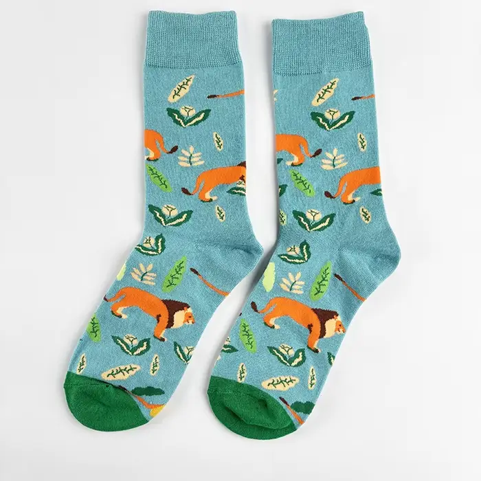 1 paire de chaussettes pour femmes, motif lion de la savane, couleur bleu menthe, bloc de couleur, m