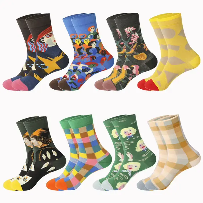 Unisexe peinture Style Harajuku coloré hommes chaussettes femmes 100 coton plein Art doux hommes Harajuku Van Gogh drôle hiver chaud chaussette
