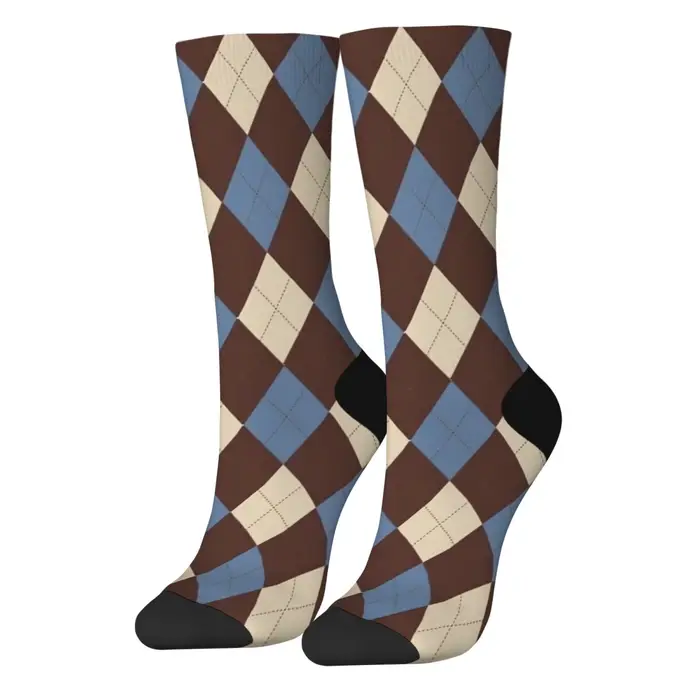 Chaussettes de style britannique vintage, imprimé diamant argyle marron avec chaussettes unisexes à 