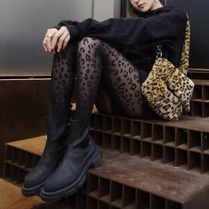 Sexy imprimé léopard européen rétro noir femmes collants en soie été mince transparent collants goth