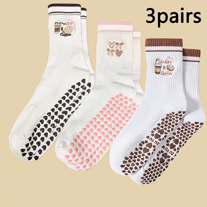 Lot de 3 paires de chaussettes antidérapantes Coffee Heart |   Café brodé + points de poignée en for
