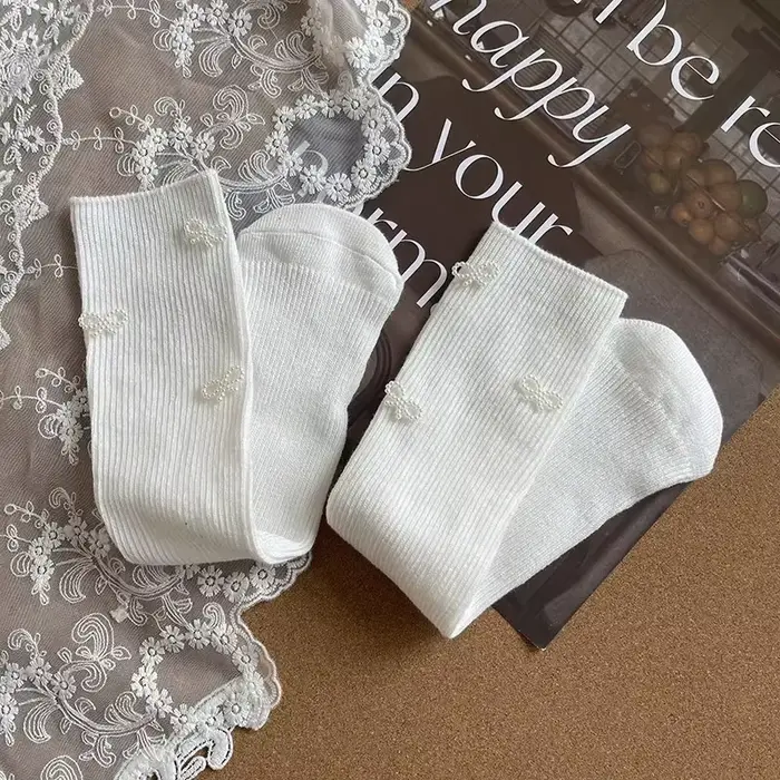 Chaussette de mollet en coton doux avec nœud perlé pour enfants, mode coréenne, design créatif, docu