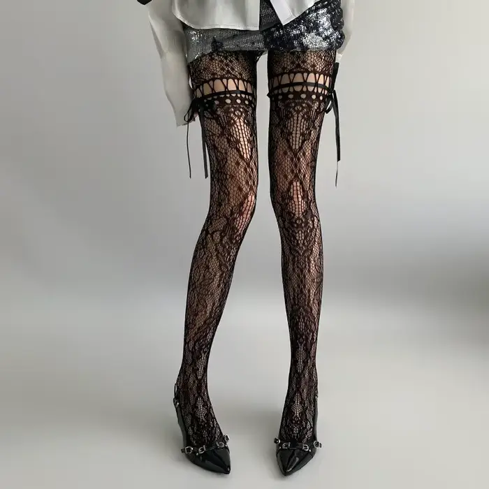 Nouveau design Collants beiges sexy pour femme, résille transparente, style uniforme JK, avec nœud e
