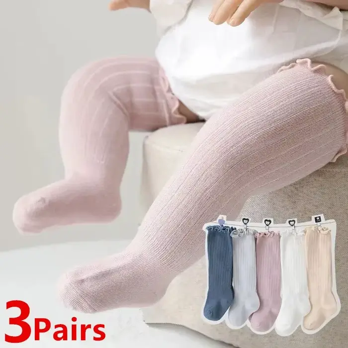 3 paires/lot bébé filles chaussettes dentelle froufrous solide coton longue genou haute enfants chaussette infantile