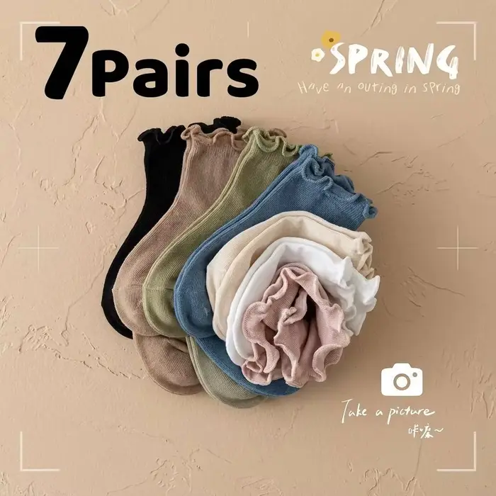Chaussettes pour bébé, 7 paires, bord à volants, couleur unie, chaussettes mi-mollet, respirantes, p