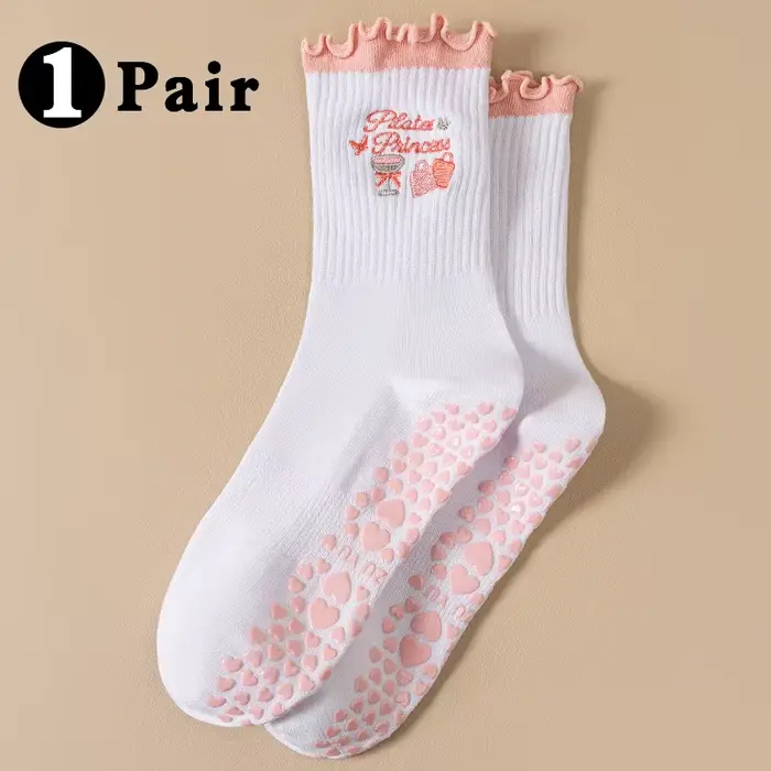 Chaussettes de yoga pour femmes de la série rose avec plis et broderie en forme de nœud, douces et c
