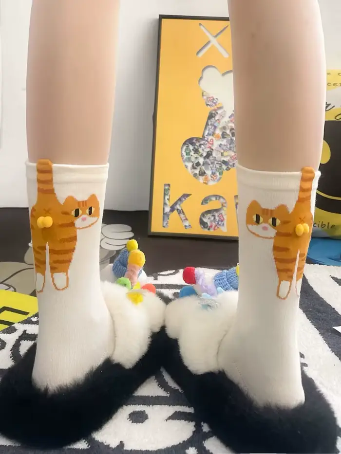 Chaussettes 3D Mignonnes Chat Noir/Blanc, Chaussettes Drôles Chat Respirantes et Douces pour Filles et Femmes, Chaussettes Fantaisie Kawaii, Ensemble Cadeau