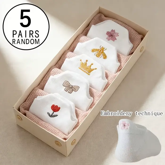 5 paires de chaussettes blanches pour femmes, avec nœud mignon et adorable/broderie abeille/fleur/co