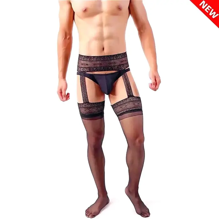 Collants en dentelle brodés pour hommes, sous-vêtements gai taille haute pour hommes, Lingerie Sexy 