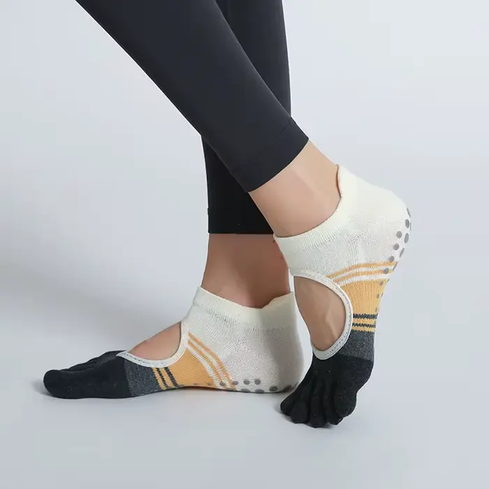 Chaussettes de Yoga à cinq orteils pour femmes, en Silicone, antidérapantes, Patchwork, cheville bas