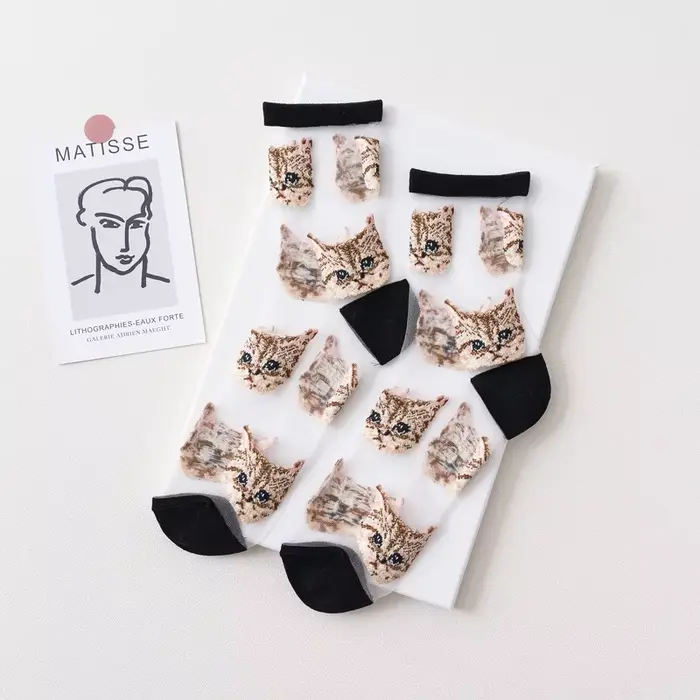 Femmes Transparent mignon chat chaussettes Kawaii dames mode japonaise coréenne à la mode été mince 