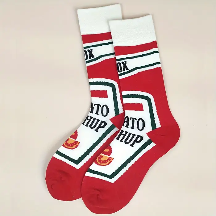 1 paire de chaussettes pour hommes sur le thème de la nourriture drôle-chaussettes mi-mollet imprimées du paquet Ketchup