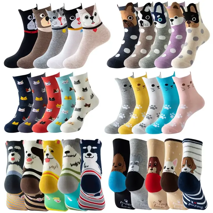 5 paires de chaussettes amusantes pour femmes, en coton, à la mode, motif chat et chien, Kawaii, mignonnes, colorées, 3D, confortables, à rayures, style coréen, décontractées
