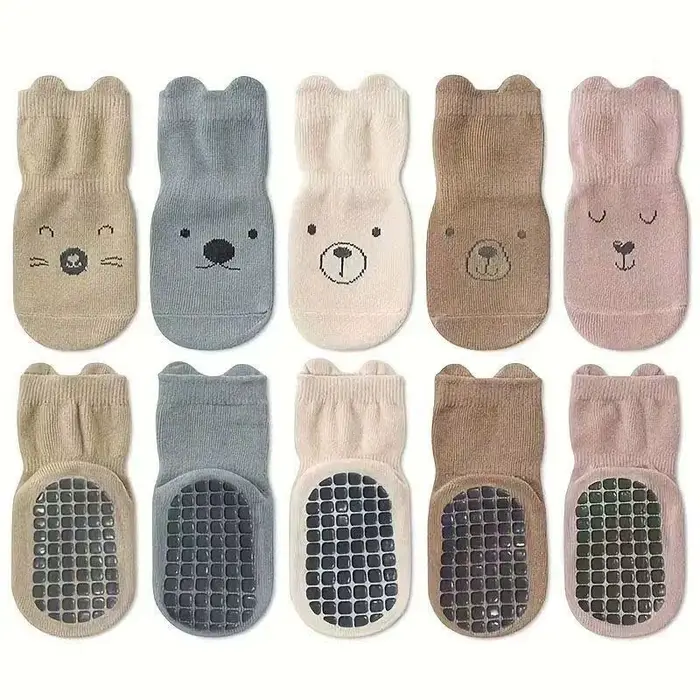 BELLBELL 5 paires de chaussettes antidérapantes pour bébé, en coton, imprimé ours, chaussettes de so