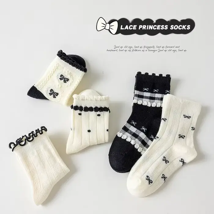 Chaussettes en coton solide pour enfants filles, 5 paires de nœuds papillon, douces, respirantes, ra