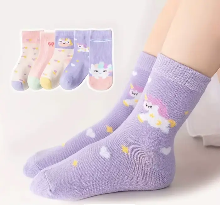 5/10 paires de chaussettes pour enfants à motif licorne de dessin animé, chaussettes mi-mollet à nœu