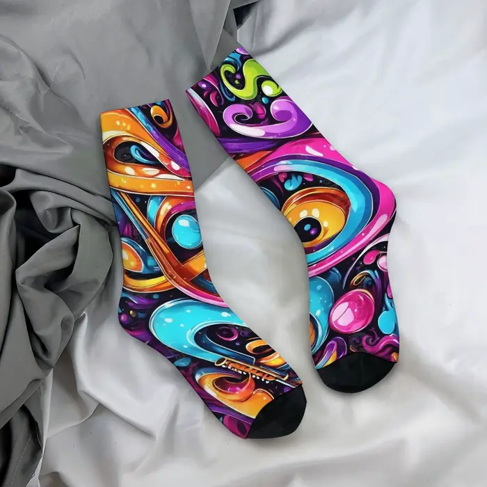 Chaussettes mi-mollet pour hommes avec imprimé abstrait fluide vibrant, design psychédélique et élég