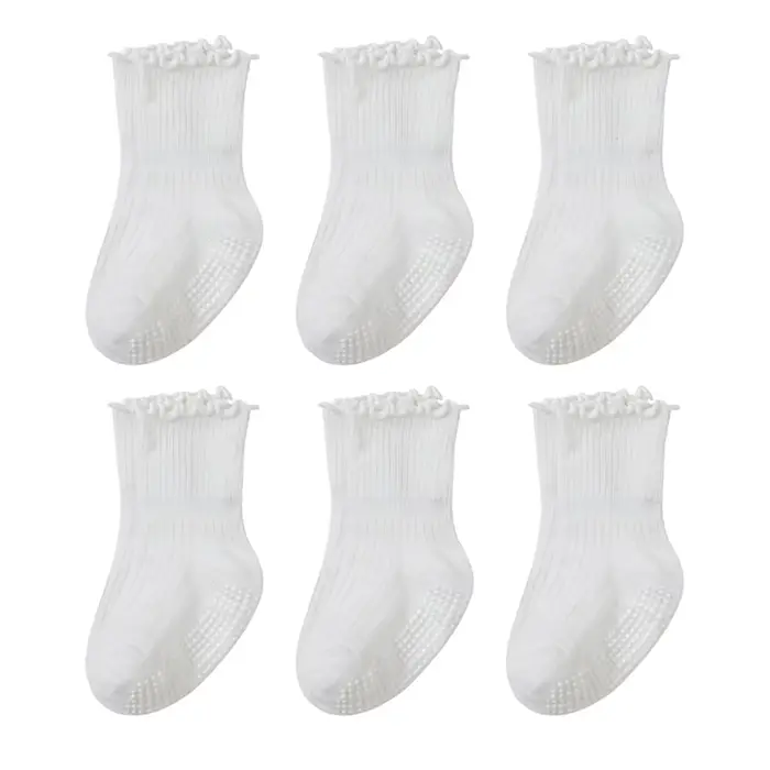 6 paires de chaussettes de marche antidérapantes blanches pour bébé, avec bordure à motif grain de b