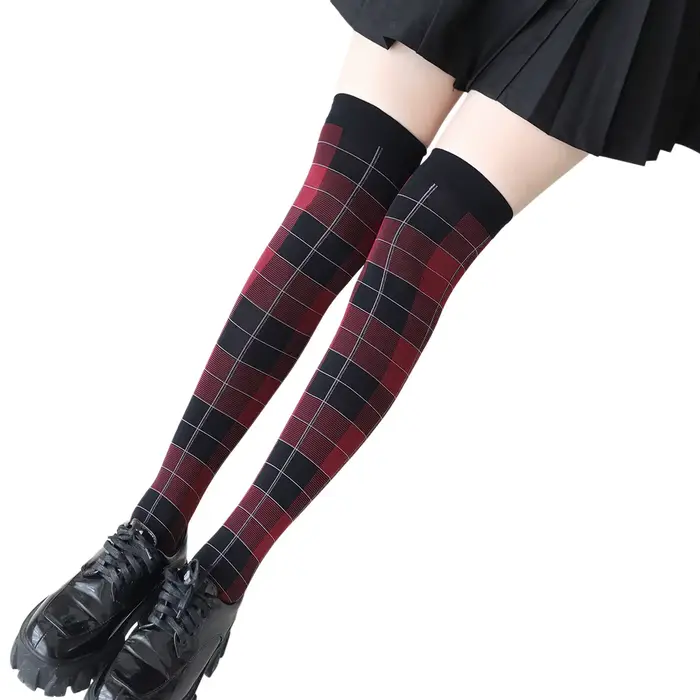 Chaussettes pour femmes en nylon 50D, rouge et noir, motif écossais audacieux, chaussettes opaques à