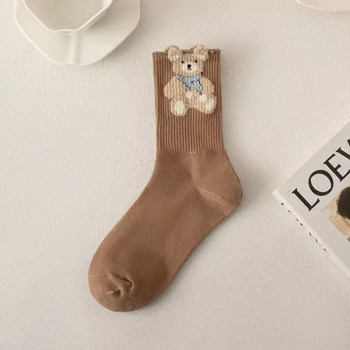 Chaussettes en coton rétro marron pour femmes, chaussettes ours, chaussettes confortables pour fille