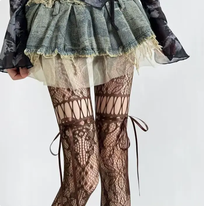 Nouveau design Collants beige sexy pour femme, résille transparente, style uniforme JK, avec nœud et