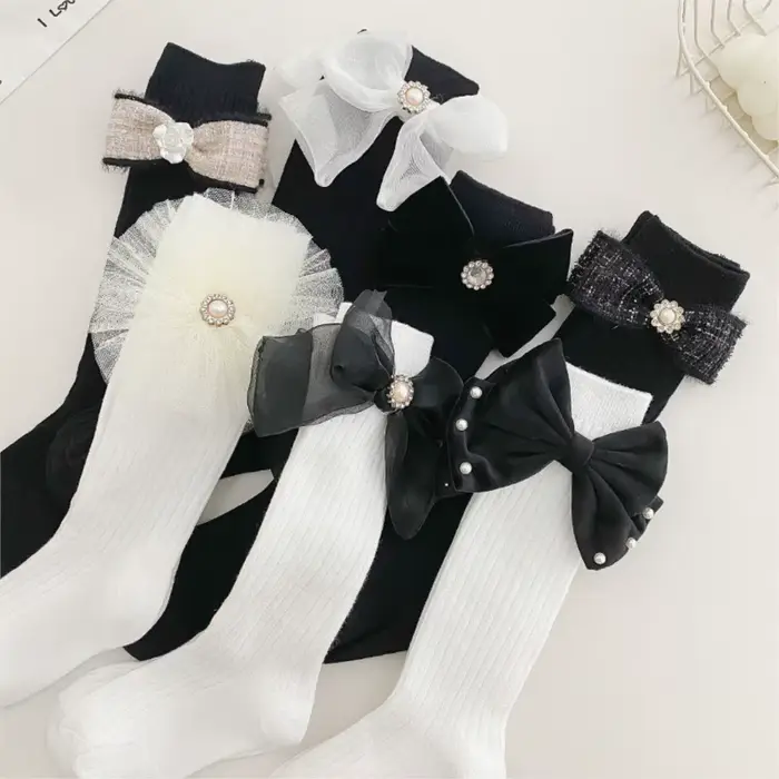 Filles chaussettes perle grand nœud papillon doux princesse mollet chaussette enfants bébé genou haut bas coton peigné sokken enfant en bas âge infantile