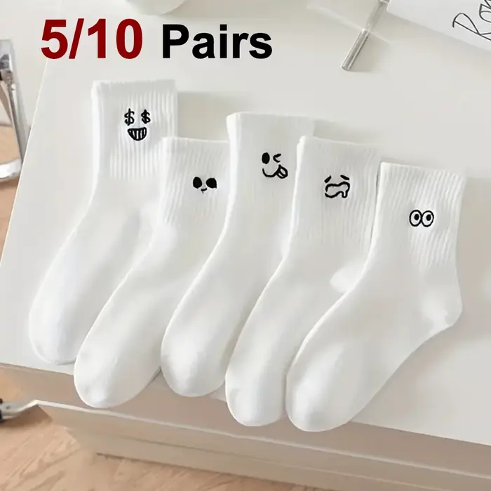 5/10 paires femmes blanc dessin animé chaussettes à la mode polyvalent Expression