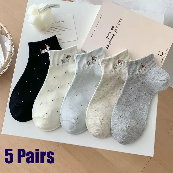 5 paires de chaussettes basses pour femmes, motif jacquard Teckel, style preppy, respirantes, fines, invisibles, printemps-été