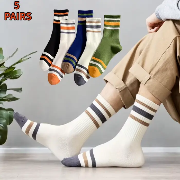5 paires de chaussettes décontractées à rayures colorées pour hommes, chaussettes de sport à la mode, absorbant la sueur et respirantes, adaptées à toutes les saisons