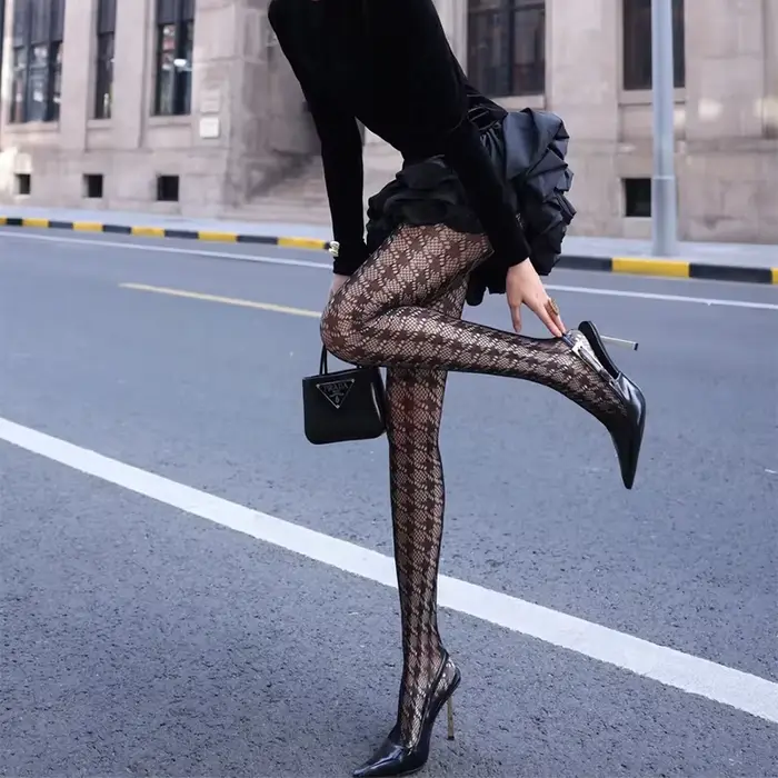 1 paire de collants en maille pied-de-poule ajourés pour femmes, collants fins rétro de Style britan