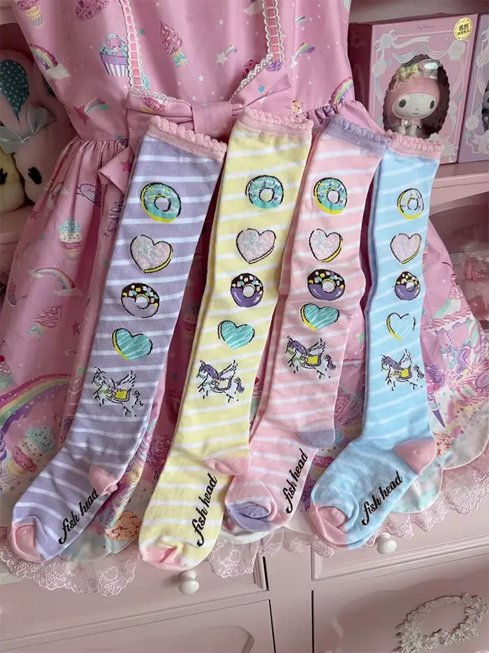 Chaussettes au-dessus du genou Donut de rêve originales chaussettes en coton LOLITA chaussettes imprimées donut licorne