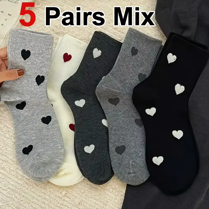 Chaussettes à motif en forme de cœur pour femmes, 5/10 paires, à tube moyen, imprimées à la mode, do