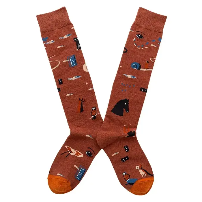 Chaussettes mi-cuisse et genou pour femmes, chaussettes en coton, illustration rétro française, litt