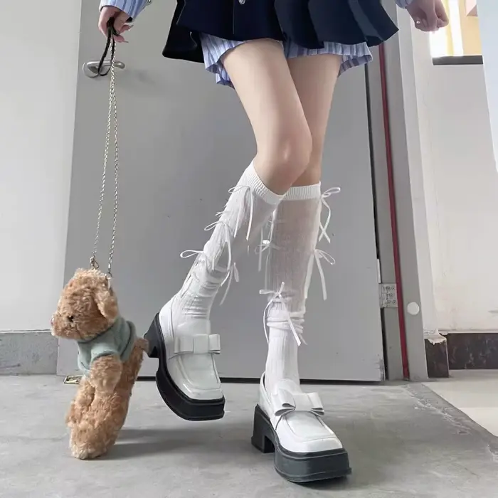 JK fille mode Pile Long Tube Street Shot mollet chaussettes Pile Lolita mollet chaussettes nœud geno