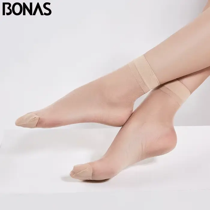 BONAS – chaussettes courtes pour femmes, lot de 5 pièces, 20cm, été, haute élasticité, soie, Nylon, 