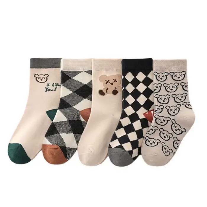 5 paires/lot mignon ours Plaid bébé chaussettes printemps automne doux coton enfants moyen Tube chau