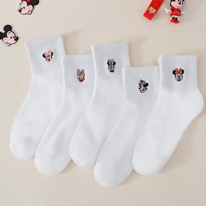 5 paires de chaussettes blanches à la mode et mignonnes pour femmes, motif de dessin animé brodé, pe